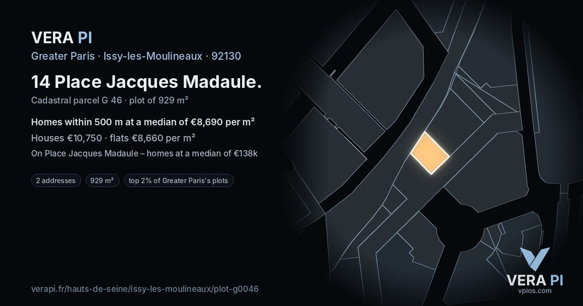 14 Place Jacques Madaule, Issy-les-Moulineaux at night – the plot lit, the parcels around coloured by the prices near them