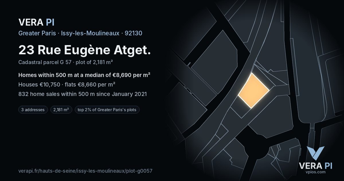 23 Rue Eugène Atget, Issy-les-Moulineaux at night – the plot lit, the parcels around coloured by the prices near them