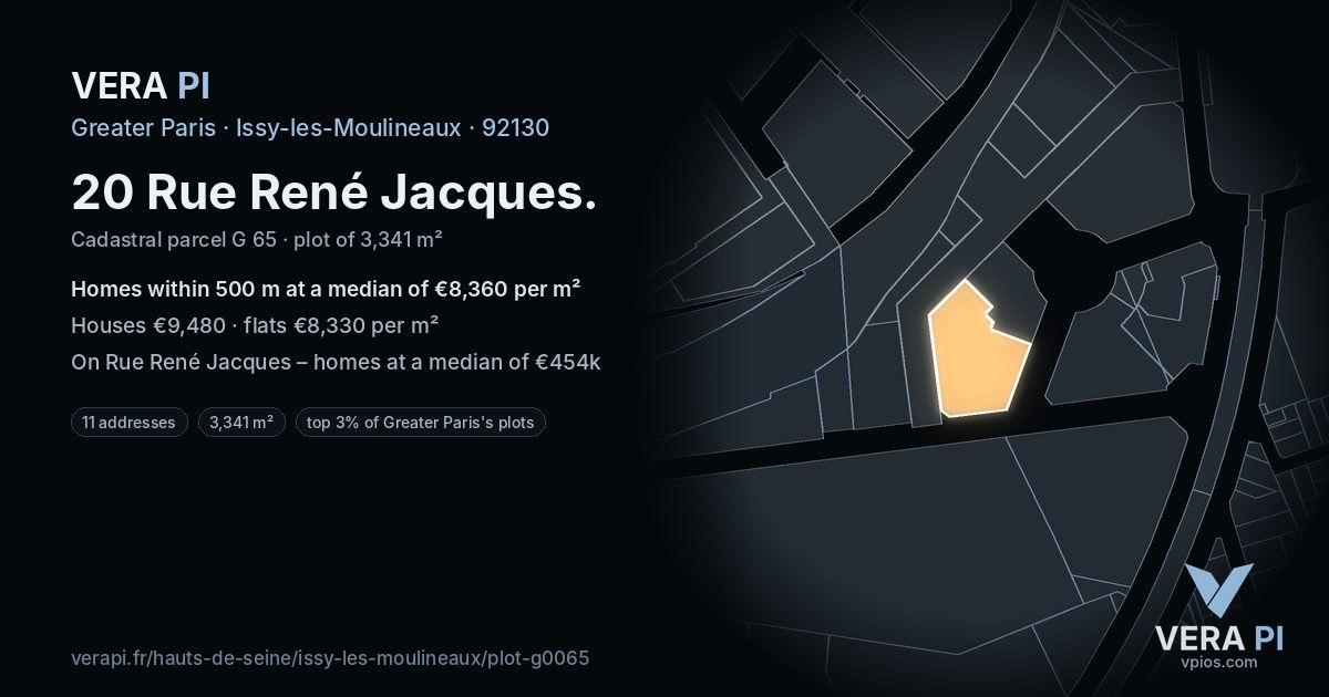 20 Rue René Jacques, Issy-les-Moulineaux at night – the plot lit, the parcels around coloured by the prices near them