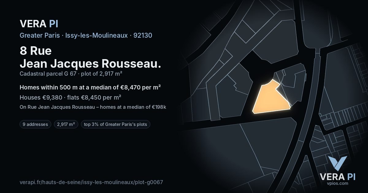 8 Rue Jean Jacques Rousseau, Issy-les-Moulineaux at night – the plot lit, the parcels around coloured by the prices near them