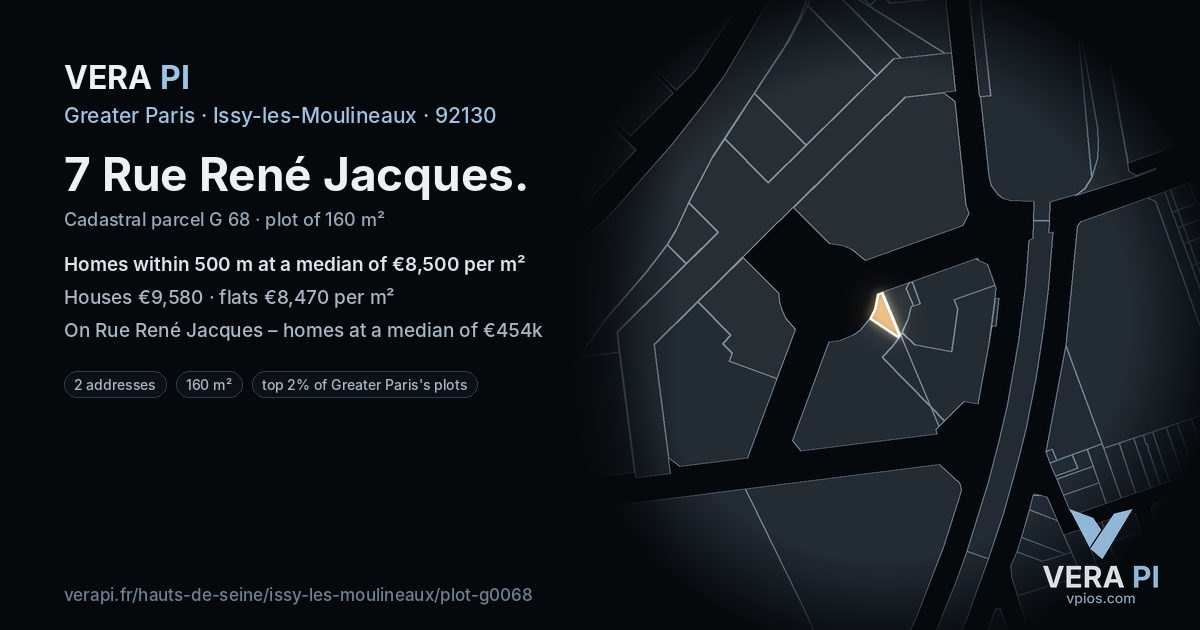 7 Rue René Jacques, Issy-les-Moulineaux at night – the plot lit, the parcels around coloured by the prices near them