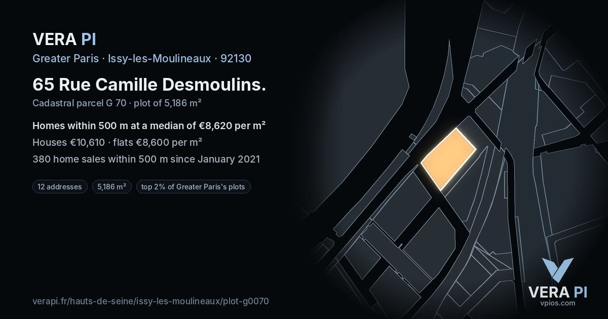 65 Rue Camille Desmoulins, Issy-les-Moulineaux at night – the plot lit, the parcels around coloured by the prices near them
