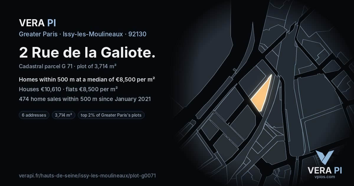 2 Rue de la Galiote, Issy-les-Moulineaux at night – the plot lit, the parcels around coloured by the prices near them