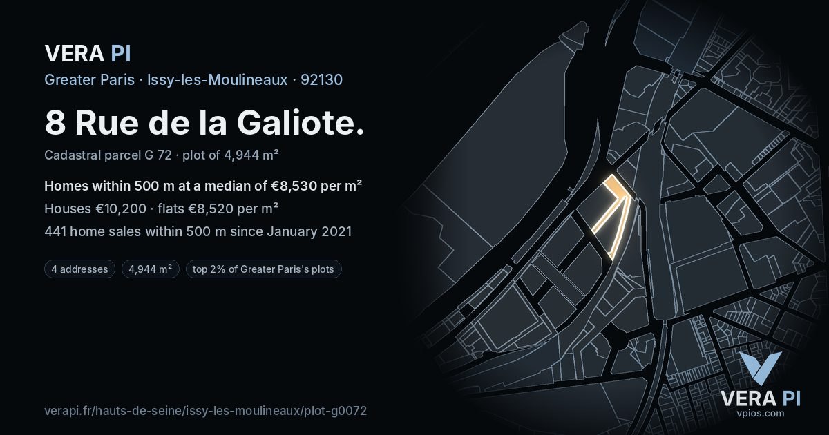8 Rue de la Galiote, Issy-les-Moulineaux at night – the plot lit, the parcels around coloured by the prices near them