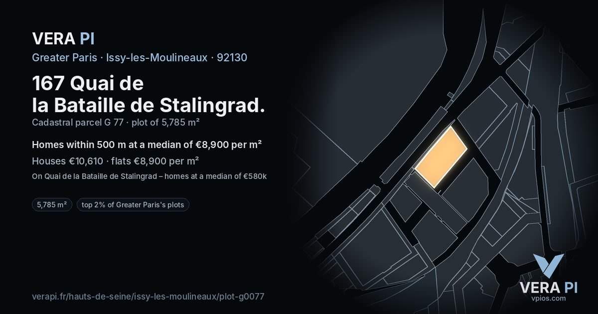 167 Quai de la Bataille de Stalingrad, Issy-les-Moulineaux at night – the plot lit, the parcels around coloured by the prices near them