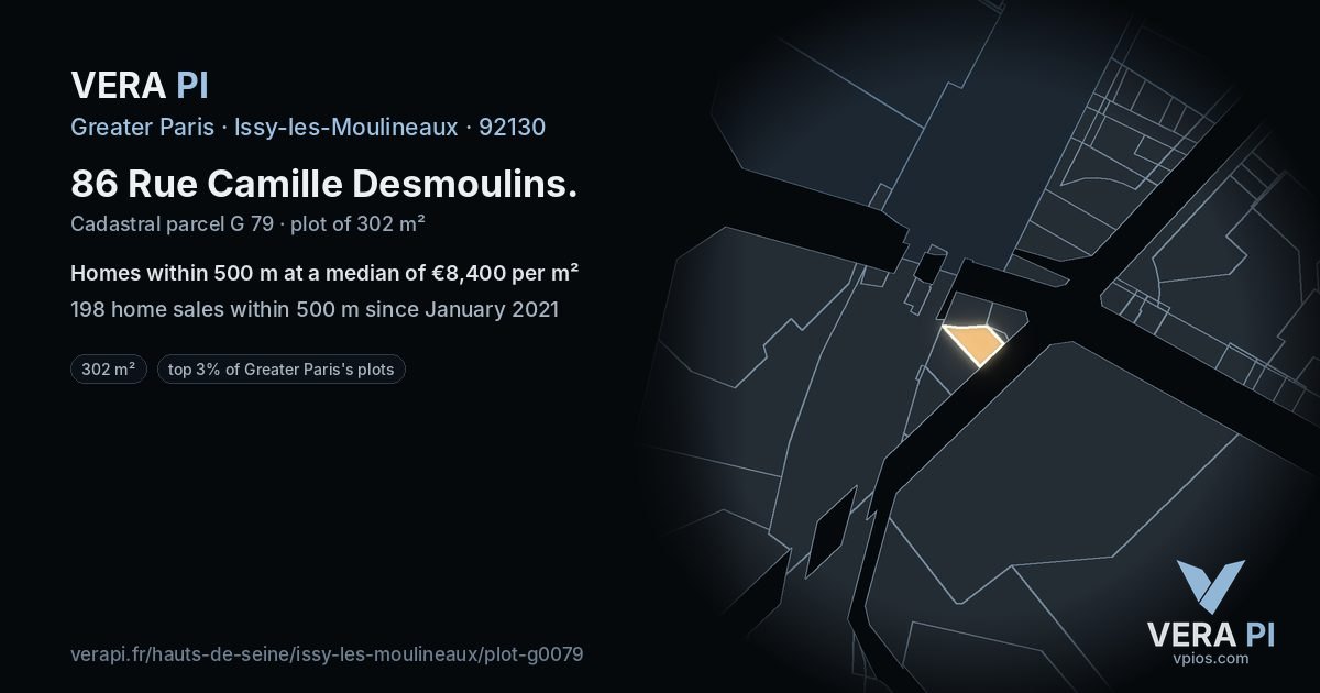 86 Rue Camille Desmoulins, Issy-les-Moulineaux at night – the plot lit, the parcels around coloured by the prices near them