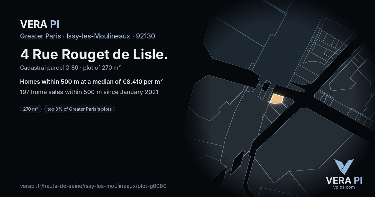 4 Rue Rouget de Lisle, Issy-les-Moulineaux at night – the plot lit, the parcels around coloured by the prices near them