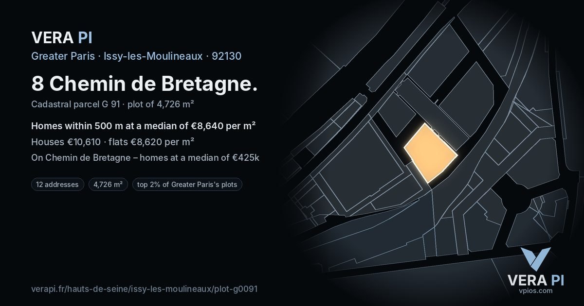 8 Chemin de Bretagne, Issy-les-Moulineaux at night – the plot lit, the parcels around coloured by the prices near them
