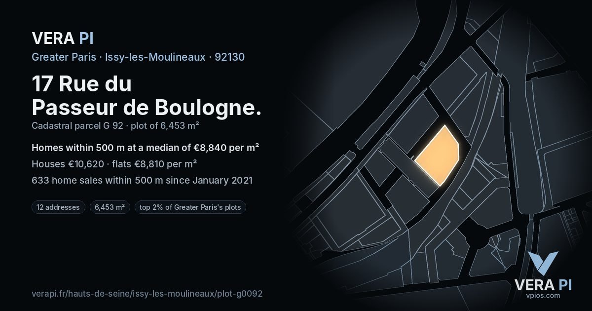 17 Rue du Passeur de Boulogne, Issy-les-Moulineaux at night – the plot lit, the parcels around coloured by the prices near them