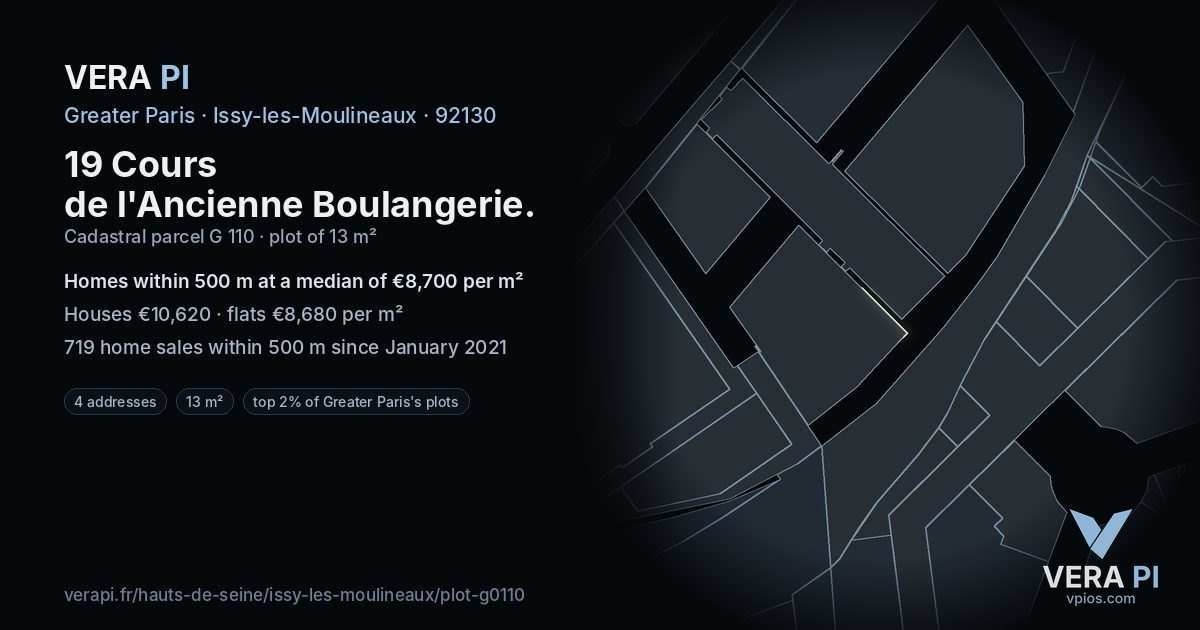 19 Cours de l'Ancienne Boulangerie, Issy-les-Moulineaux at night – the plot lit, the parcels around coloured by the prices near them