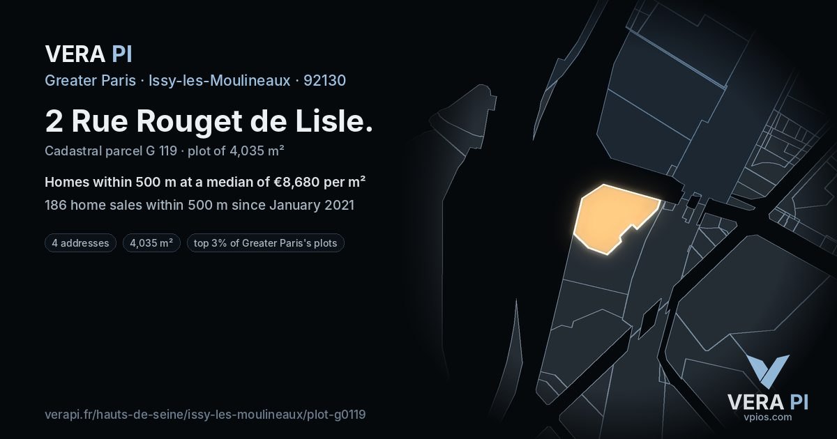 2 Rue Rouget de Lisle, Issy-les-Moulineaux at night – the plot lit, the parcels around coloured by the prices near them