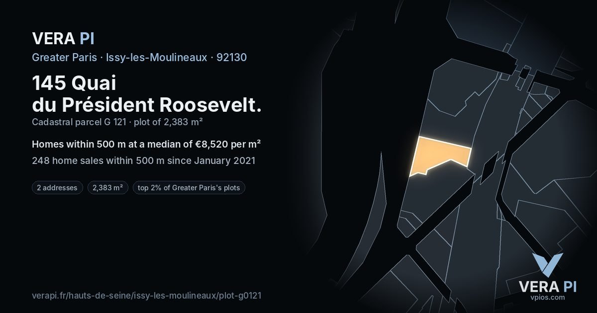 145 Quai du Président Roosevelt, Issy-les-Moulineaux at night – the plot lit, the parcels around coloured by the prices near them