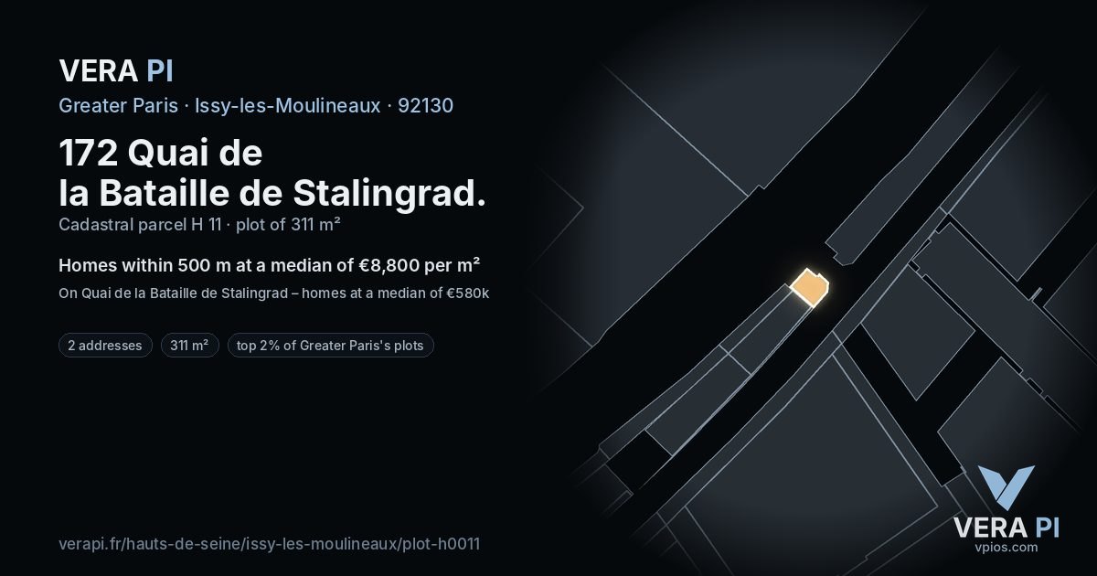 172 Quai de la Bataille de Stalingrad, Issy-les-Moulineaux at night – the plot lit, the parcels around coloured by the prices near them
