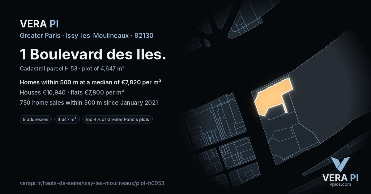 1 Boulevard des Iles, Issy-les-Moulineaux at night – the plot lit, the parcels around coloured by the prices near them