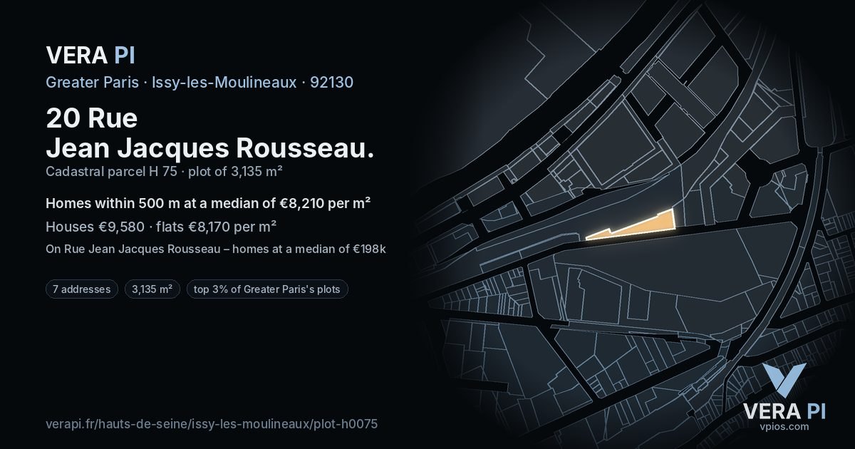 20 Rue Jean Jacques Rousseau, Issy-les-Moulineaux at night – the plot lit, the parcels around coloured by the prices near them