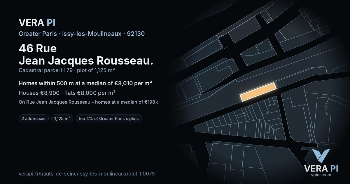 46 Rue Jean Jacques Rousseau, Issy-les-Moulineaux at night – the plot lit, the parcels around coloured by the prices near them