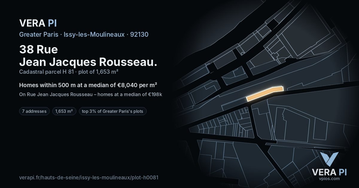 38 Rue Jean Jacques Rousseau, Issy-les-Moulineaux at night – the plot lit, the parcels around coloured by the prices near them
