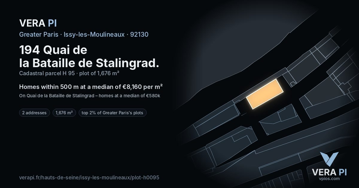 194 Quai de la Bataille de Stalingrad, Issy-les-Moulineaux at night – the plot lit, the parcels around coloured by the prices near them