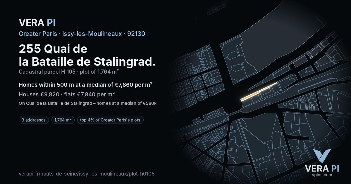 255 Quai de la Bataille de Stalingrad, Issy-les-Moulineaux at night – the plot lit, the parcels around coloured by the prices near them