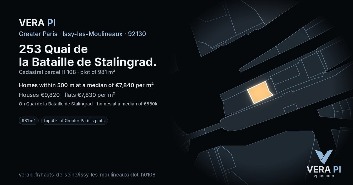 253 Quai de la Bataille de Stalingrad, Issy-les-Moulineaux at night – the plot lit, the parcels around coloured by the prices near them
