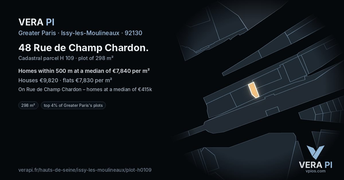 48 Rue de Champ Chardon, Issy-les-Moulineaux at night – the plot lit, the parcels around coloured by the prices near them