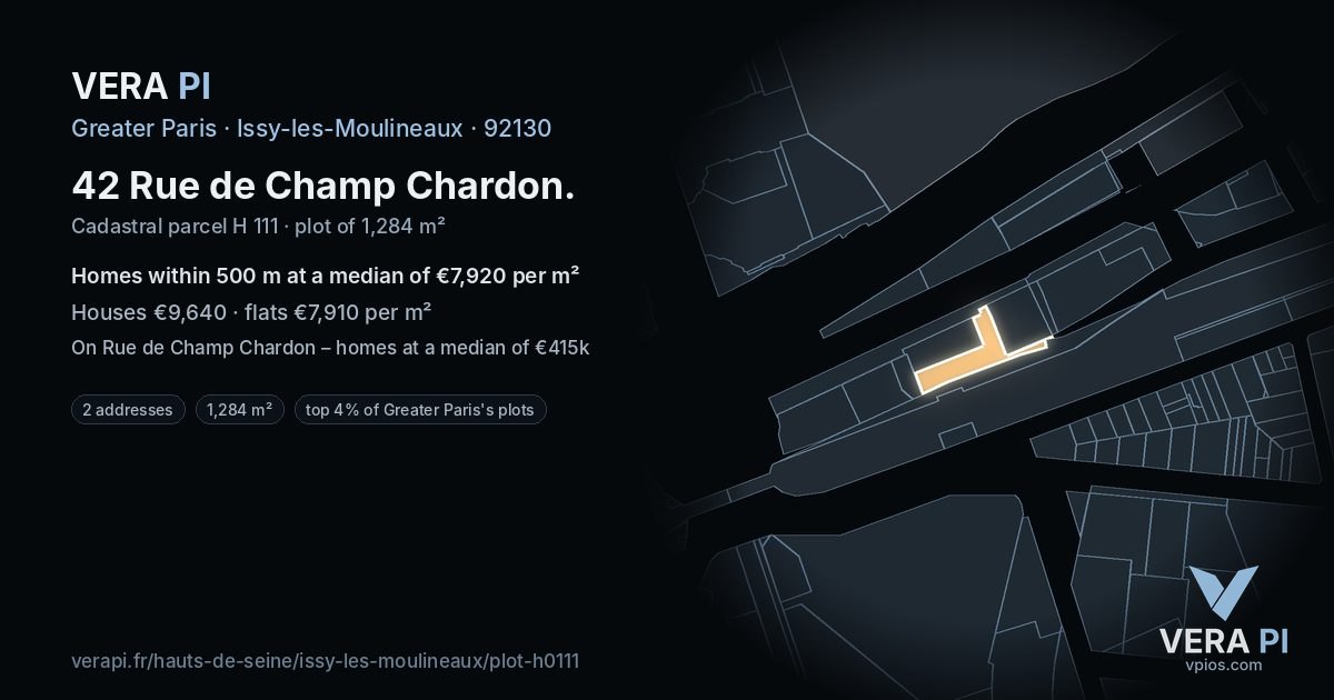 42 Rue de Champ Chardon, Issy-les-Moulineaux at night – the plot lit, the parcels around coloured by the prices near them