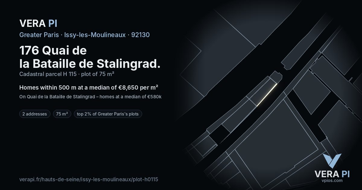176 Quai de la Bataille de Stalingrad, Issy-les-Moulineaux at night – the plot lit, the parcels around coloured by the prices near them