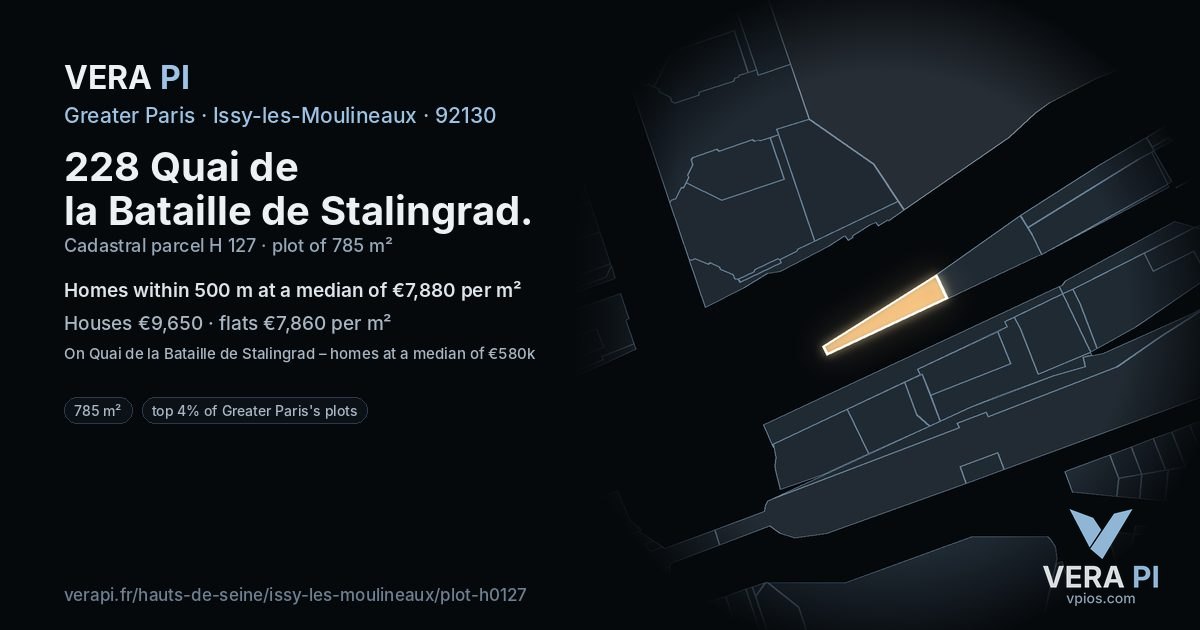228 Quai de la Bataille de Stalingrad, Issy-les-Moulineaux at night – the plot lit, the parcels around coloured by the prices near them