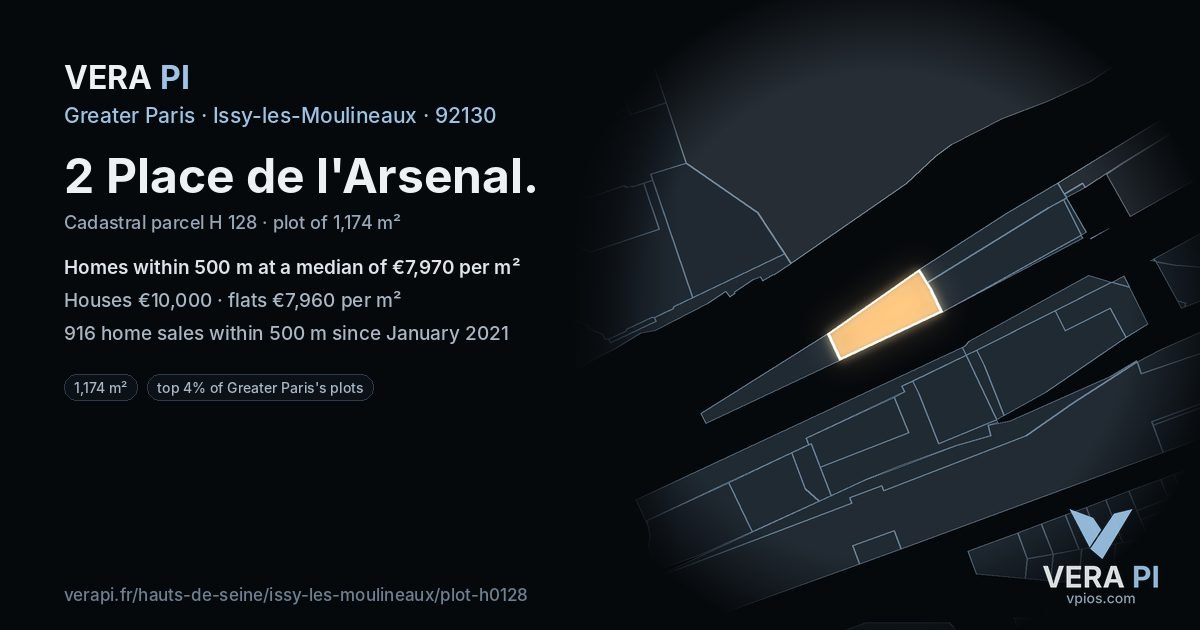 2 Place de l'Arsenal, Issy-les-Moulineaux at night – the plot lit, the parcels around coloured by the prices near them