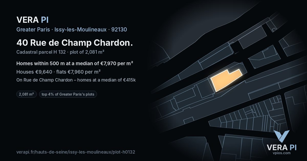 40 Rue de Champ Chardon, Issy-les-Moulineaux at night – the plot lit, the parcels around coloured by the prices near them