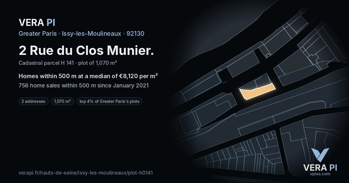 2 Rue du Clos Munier, Issy-les-Moulineaux at night – the plot lit, the parcels around coloured by the prices near them