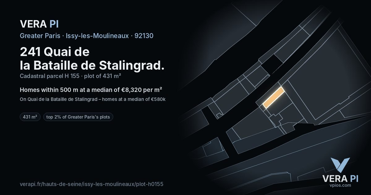241 Quai de la Bataille de Stalingrad, Issy-les-Moulineaux at night – the plot lit, the parcels around coloured by the prices near them