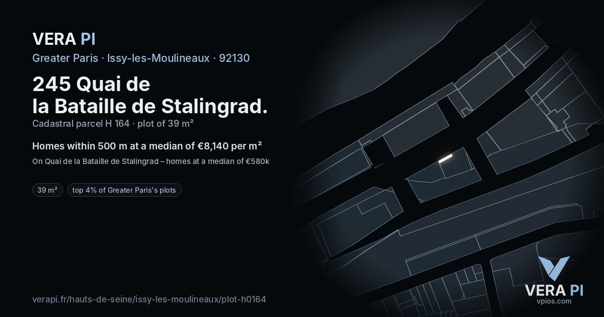245 Quai de la Bataille de Stalingrad, Issy-les-Moulineaux at night – the plot lit, the parcels around coloured by the prices near them