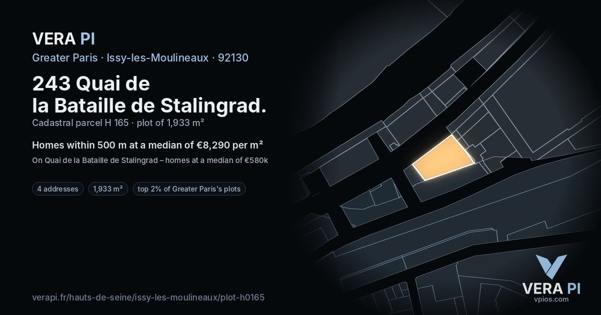 243 Quai de la Bataille de Stalingrad, Issy-les-Moulineaux at night – the plot lit, the parcels around coloured by the prices near them