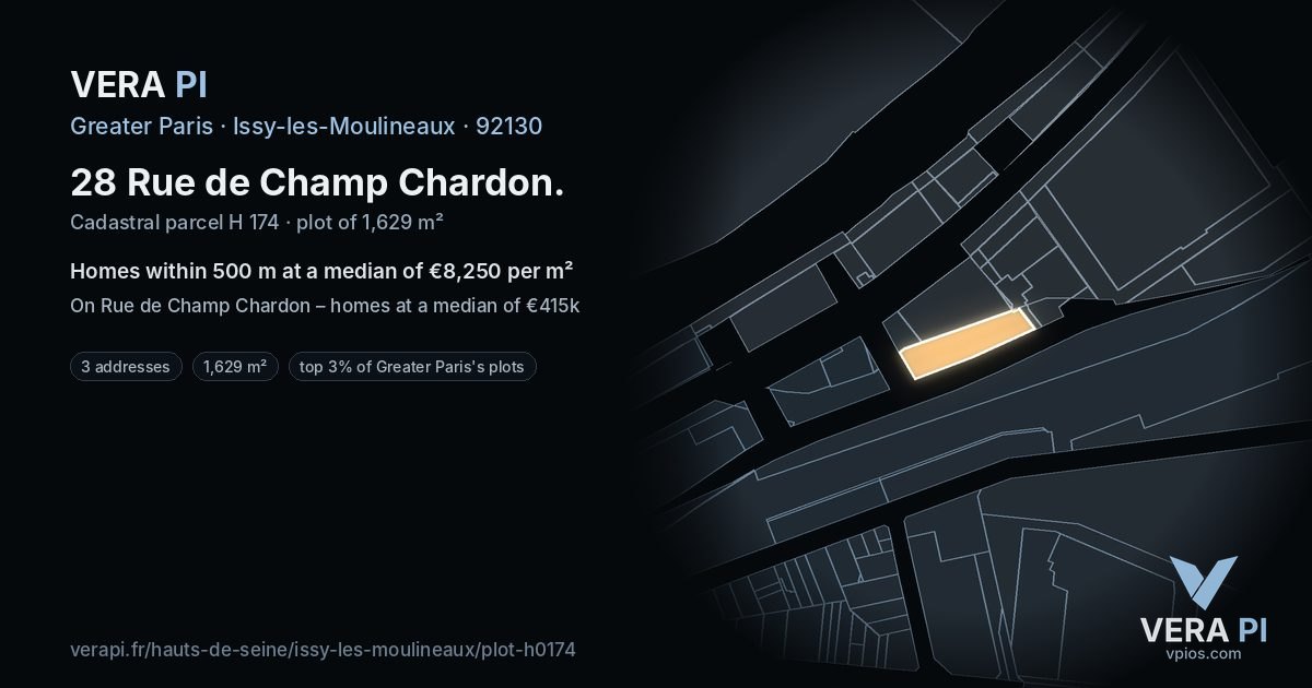 28 Rue de Champ Chardon, Issy-les-Moulineaux at night – the plot lit, the parcels around coloured by the prices near them
