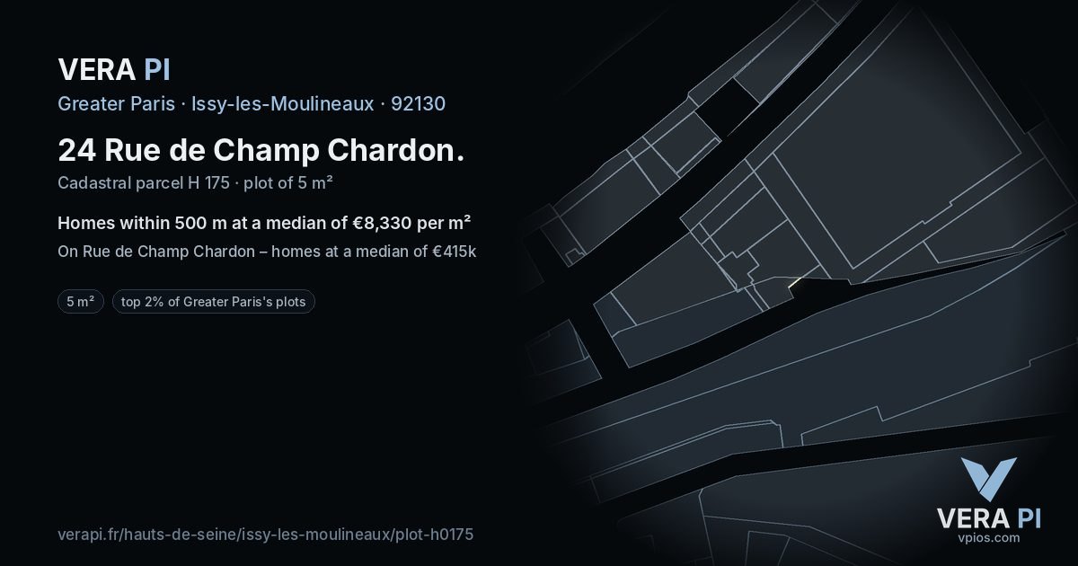 24 Rue de Champ Chardon, Issy-les-Moulineaux at night – the plot lit, the parcels around coloured by the prices near them