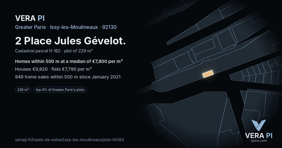 2 Place Jules Gévelot, Issy-les-Moulineaux at night – the plot lit, the parcels around coloured by the prices near them