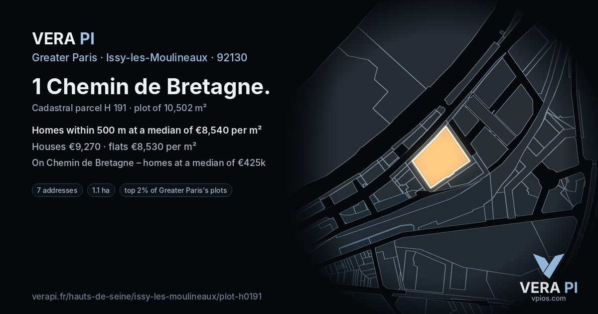 1 Chemin de Bretagne, Issy-les-Moulineaux at night – the plot lit, the parcels around coloured by the prices near them