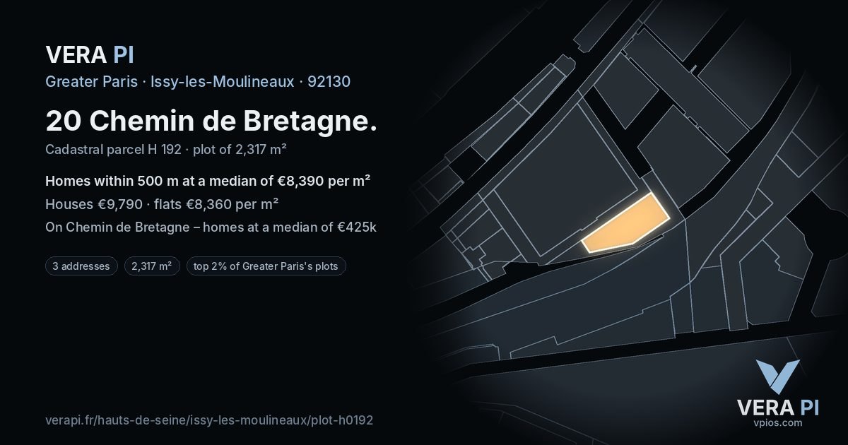 20 Chemin de Bretagne, Issy-les-Moulineaux at night – the plot lit, the parcels around coloured by the prices near them
