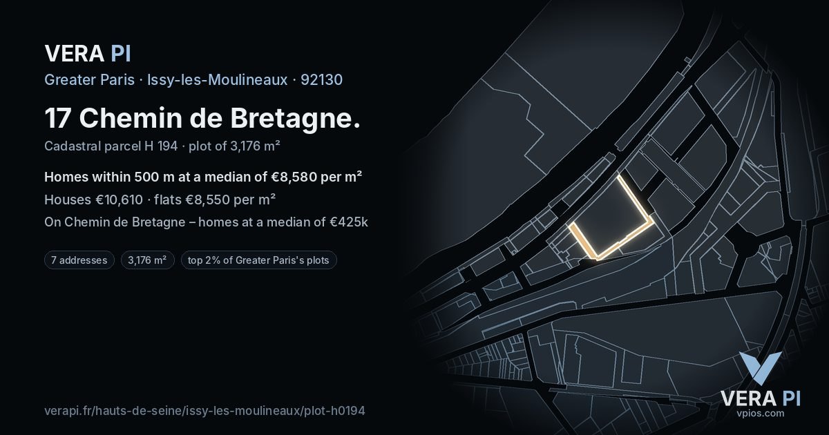 17 Chemin de Bretagne, Issy-les-Moulineaux at night – the plot lit, the parcels around coloured by the prices near them