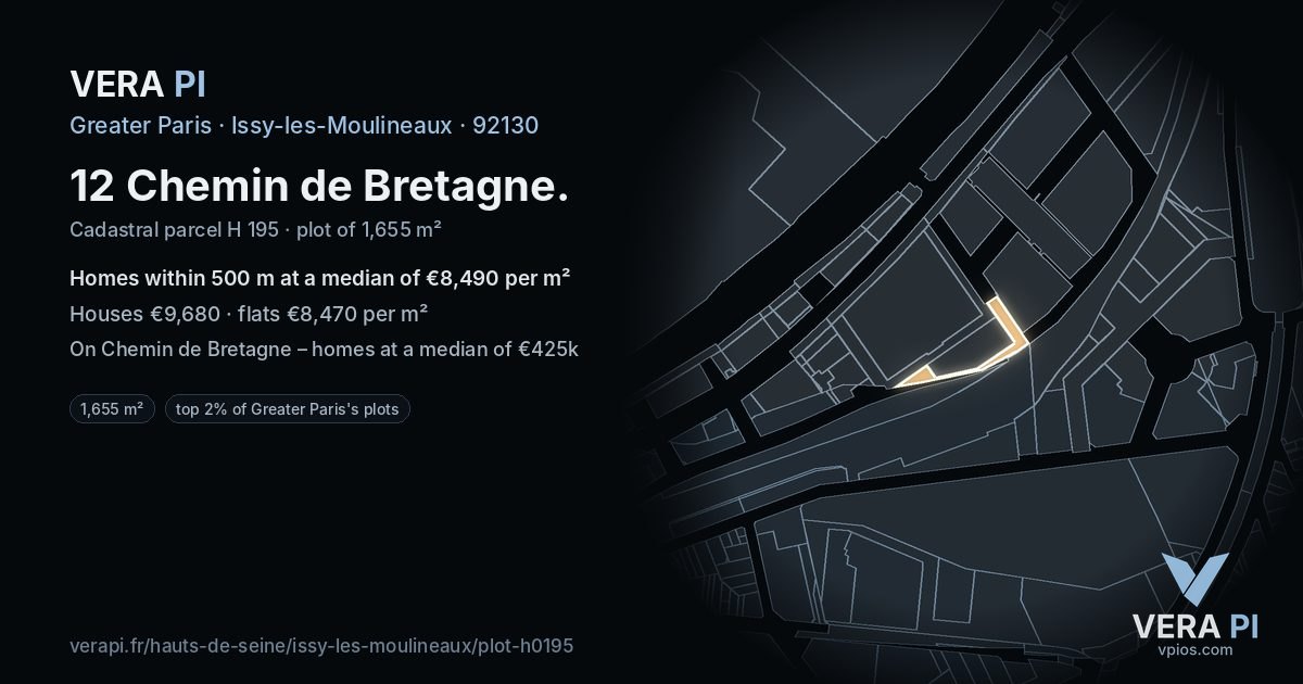 12 Chemin de Bretagne, Issy-les-Moulineaux at night – the plot lit, the parcels around coloured by the prices near them