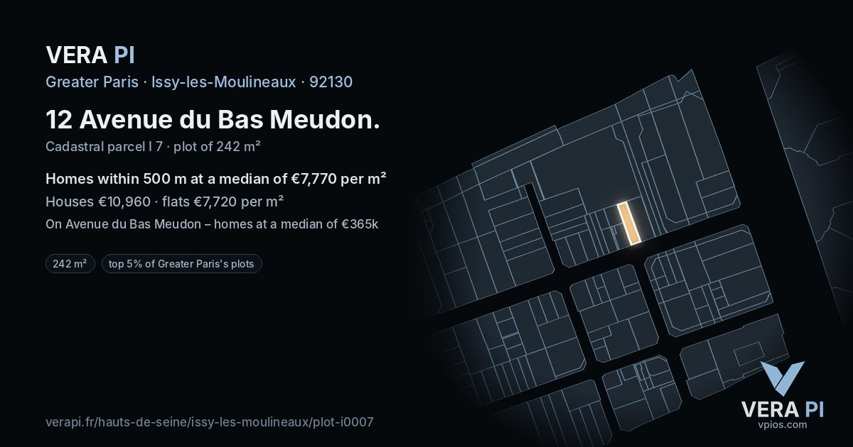 12 Avenue du Bas Meudon, Issy-les-Moulineaux at night – the plot lit, the parcels around coloured by the prices near them