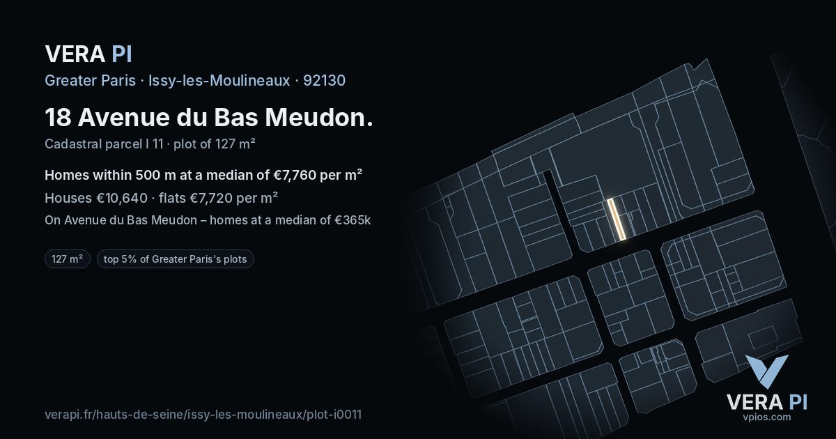 18 Avenue du Bas Meudon, Issy-les-Moulineaux at night – the plot lit, the parcels around coloured by the prices near them