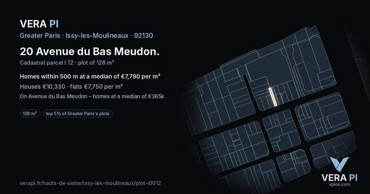 20 Avenue du Bas Meudon, Issy-les-Moulineaux at night – the plot lit, the parcels around coloured by the prices near them
