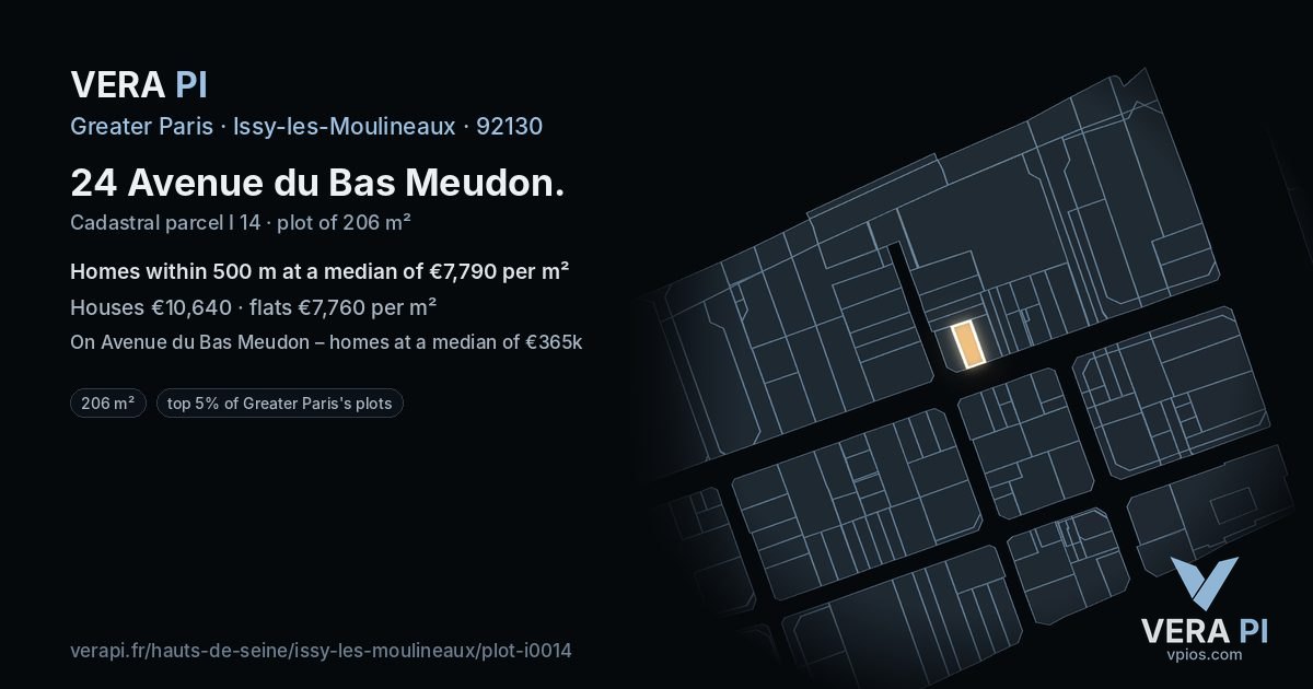 24 Avenue du Bas Meudon, Issy-les-Moulineaux at night – the plot lit, the parcels around coloured by the prices near them