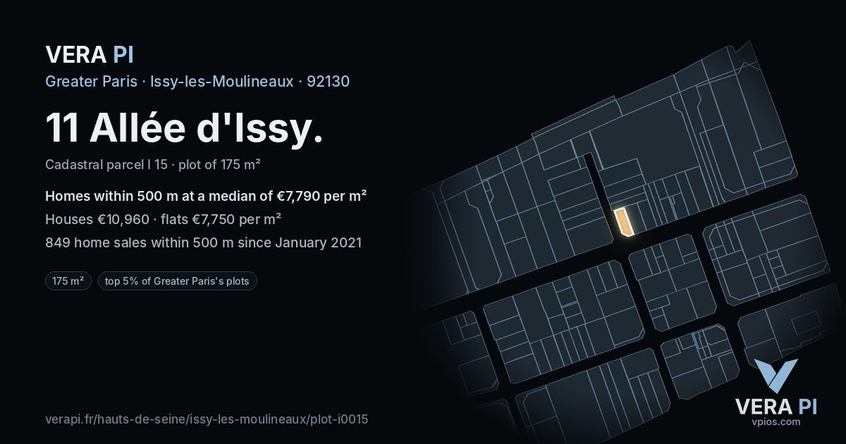 11 Allée d'Issy, Issy-les-Moulineaux at night – the plot lit, the parcels around coloured by the prices near them