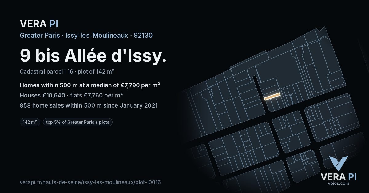 9 bis Allée d'Issy, Issy-les-Moulineaux at night – the plot lit, the parcels around coloured by the prices near them