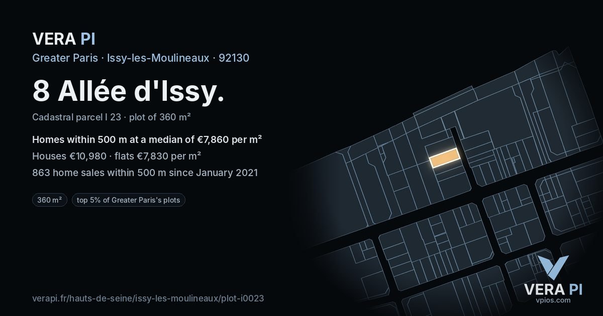 8 Allée d'Issy, Issy-les-Moulineaux at night – the plot lit, the parcels around coloured by the prices near them