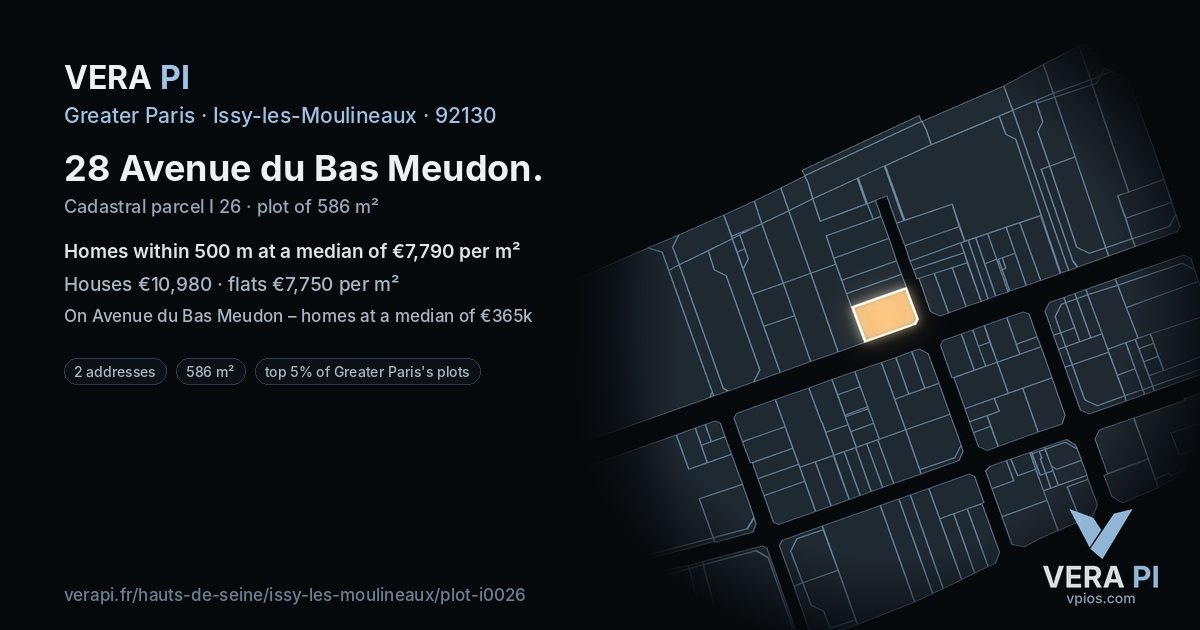 28 Avenue du Bas Meudon, Issy-les-Moulineaux at night – the plot lit, the parcels around coloured by the prices near them