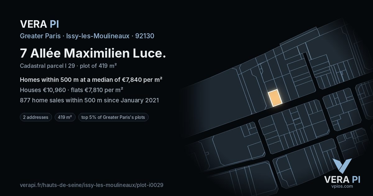 7 Allée Maximilien Luce, Issy-les-Moulineaux at night – the plot lit, the parcels around coloured by the prices near them